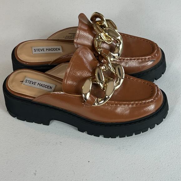 Steve Madden Loafer Women's Size 7.5 M MIRI Brown Glossy Slide Chunky Gold Chain - Picture 3 of 10